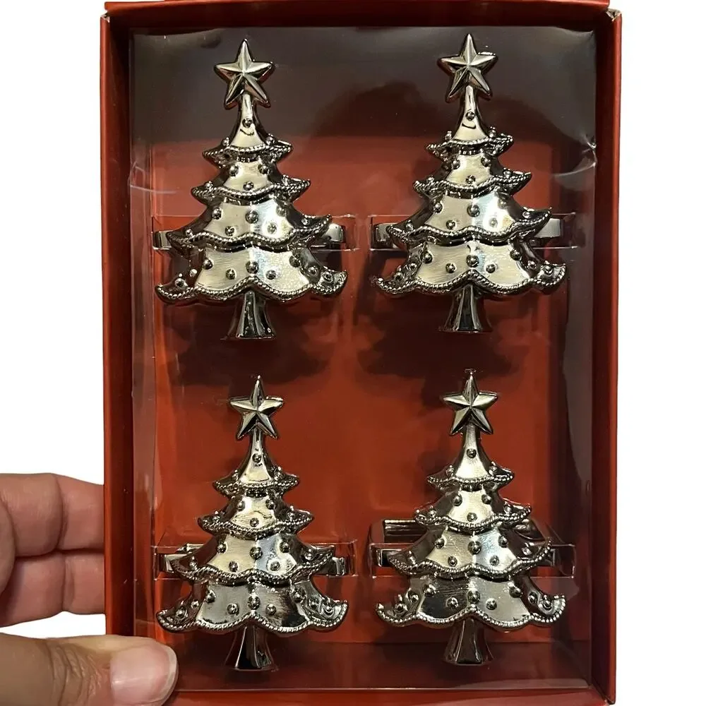 Lenox Chrome Silver Christmas Tree Napkin Rings Set of 4
